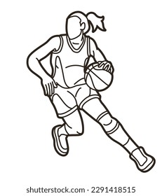 Básquetbol Deporte Hembra Jugadora Acción Caricatura Vector Gráfico