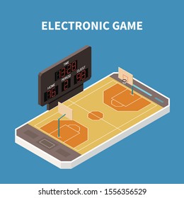 Basketball sport field game on smartphone isometric composition on blue background 3d vector illustration