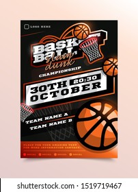 Basketball Sport Flyer Vector. Vertical Card Poster Design For Sport Bar Promotion. Tournament Flyer. Invitation Illustration.