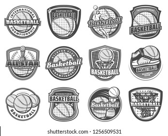 Basketball sport game team halftone icons. Vector ball, basket hoop and backboard, player, champion trophy cup and court, sneakers and winner wreath. Championship league tournament match symbols