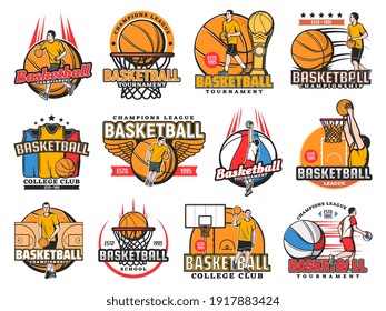 Basketball sport game vector icons, Players throw balls in hoop, team on sports arena. Basketball championship, college or school league, competition labels, champion tournament isolated emblems set