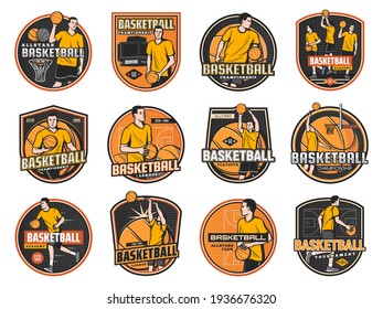 Basketball sport game vector icons, championship, players throw balls in hoop, team on arena stadium. Basketball academy, league or competition vintage labels, playoff tournament isolated emblems set