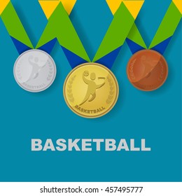 Basketball sport icon on medal award set with Brazilian color theme designed of ribbon in vector illustration 