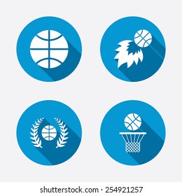 Basketball sport icons. Ball with basket and fireball signs. Laurel wreath symbol. Circle concept web buttons. Vector