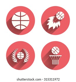 Basketball sport icons. Ball with basket and fireball signs. Laurel wreath symbol. Pink circles flat buttons with shadow. Vector