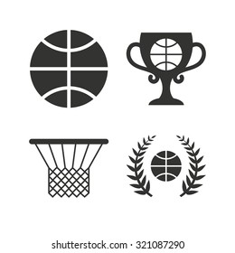 Basketball sport icons. Ball with basket and award cup signs. Laurel wreath symbol. Flat icons on white. Vector