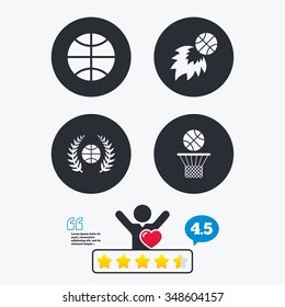Basketball sport icons. Ball with basket and fireball signs. Laurel wreath symbol. Star vote ranking. Client like and think bubble. Quotes with message.
