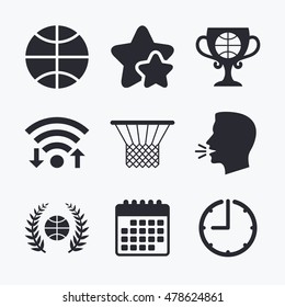 Basketball sport icons. Ball with basket and award cup signs. Laurel wreath symbol. Wifi internet, favorite stars, calendar and clock. Talking head. Vector