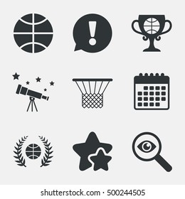 Basketball sport icons. Ball with basket and award cup signs. Laurel wreath symbol. Attention, investigate and stars icons. Telescope and calendar signs. Vector