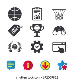 Basketball sport icons. Ball with basket and award cup signs. Laurel wreath symbol. Browser window, Report and Service signs. Binoculars, Information and Download icons. Stars and Chat. Vector