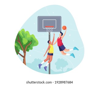 Ilustración deportiva de baloncesto. Hombre jugando al baloncesto, juegos deportivos al aire libre. Jugador poniendo a Ball en la canasta, Defender Prevenir. Baloncestistas uniformados jugando al squash. Estilo plano vectorial