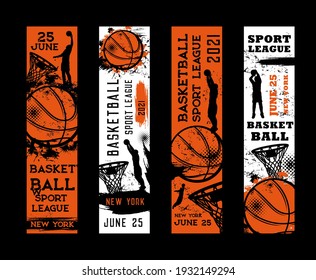 Volantes vectoriales de la liga deportiva de baloncesto, invitación a las tarjetas de grunge vintage del torneo con un jugador deportivo saltando lanzando pelota al aro. Liga de Nueva York, juego universitario, juego de cartas de campeonato