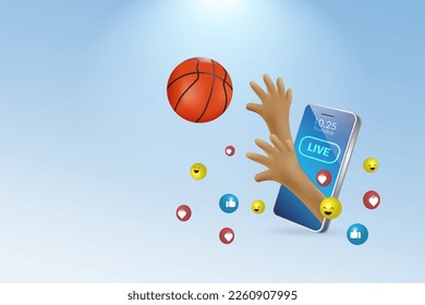 Basketball sport live streaming on mobile. Basketball player hands shooting ball on virtual smartphone screen with social media love and like icons. 3D vector.