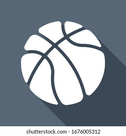 basketball, sport logo, simple ball. White flat icon with long shadow on blue background
