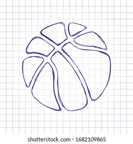 basketball, sport logo, simple ball. Hand drawn picture on paper sheet. Blue ink, outline sketch style. Doodle on checkered background