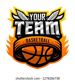 Basketball Sport Logo. Basketball Sport Team. Basketball Logo. Badge Logo. Sword Fire Sport Logo Team. Vector. Abstract Vector Illustration Eps.10