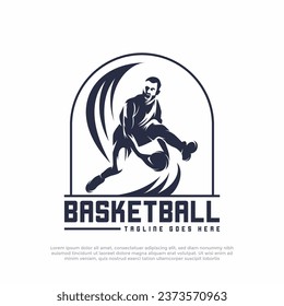 Basketball Sport Logo Vector Design, Slam Dunk Jump Style Silhouette Illustration Logo
