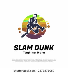 Basketball Sport Logo Vector Design, Slam Dunk Jump Style Silhouette Illustration Logo