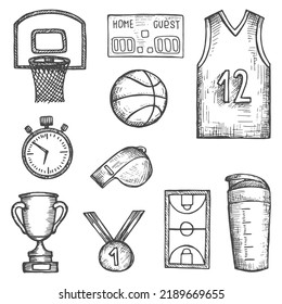 basketball sport objects set vector sketches.