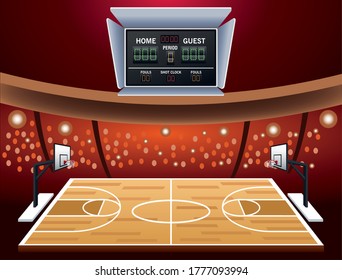 basketball sport poster with court and scoreboard vector illustration design