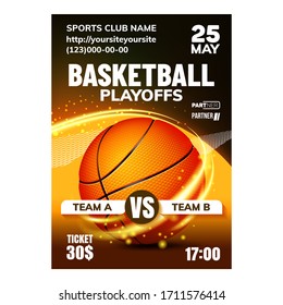 Basketball Sport Promotional Flyer Poster Vector. Basketball Game Ball On Bright Advertising Announcement Banner. Stadium Playing Team Match Event Colored Concept Layout Illustration