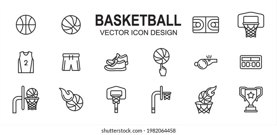 Basketball Sport Related Vector Icon User Interface Graphic Design. Contains Such Icons As Basket Ball, Field, Floor, Court, Uniform, Pant, Snicker, Shoes, Score Board, Fingering, Trophy, Goal