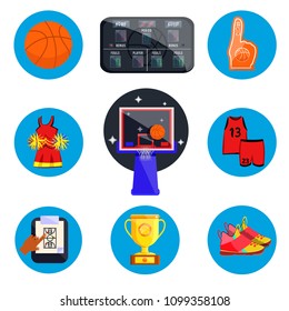 Basketball sport set. Flat cartoons style vector illustration icons on white. Basketball equipments. Basketball fan accessories: scoreboard, cheerleaders, coach scheme, pompom, Number 1 (one) fan hand