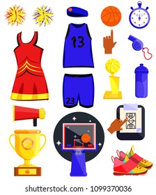 Basketball sport set. Flat cartoons style vector illustration icons on white. Basketball equipments. Basketball fan accessories: stopwatch, whistle, wear, cup, bottle, shoes, coach scheme, bullhorn