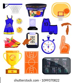 Basketball sport set. Flat cartoons style vector illustration icons on white. Basketball equipments. Basketball fan accessories: scoreboard, basket, hoop, time-out, stopwatch, cup, court, trophy, wear
