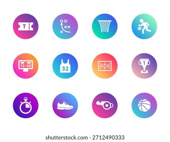Baloncesto, deporte, estrategia. Conjunto de Vectores de 12 iconos de gradiente redondo con bola, aro, jersey, cancha y equipo para interfaz de usuario atlética, contenido de fans y diseño de juegos.
