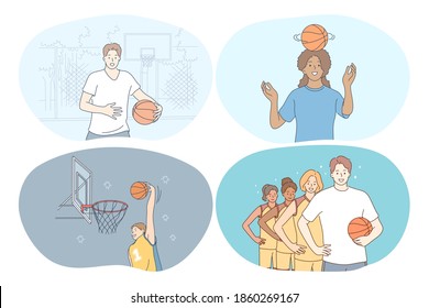 Basketball, Sport, Team Competition Concept. Young Girls And Boys Basketball Players Training, Jumping With Slam Dunk, Training Ball Skills And Competing In Championships Vector Illustration 