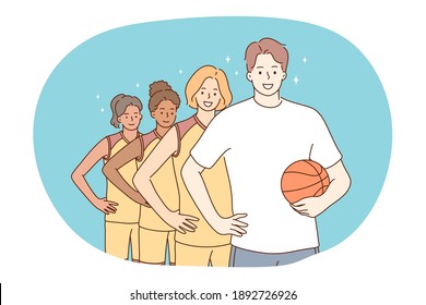 Basketball, sport, team competition concept. Young girls basketball players in uniform standing with coach before competition in championship vector illustration 