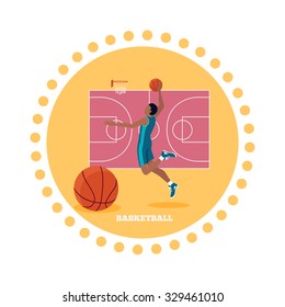 Basketball sport team concept icon flat design. Ball and game, competition play, activity recreation, championship and basket, leisure and tournament, training athletic illustration