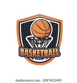 Basketball sport vector icon with ball, basket, hoop and net. Orange and gray halftone equipment of basketball game, isolated heraldic shield badge of sport team club or championship match