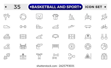 Basketball and Sport web icons outline style. Football, golf, gym, basketball, volleyball, bowling, chess, skiing, boxing, tennis, collection. 
