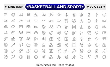 Basketball and Sport web icons outline style. Football, golf, gym, basketball, volleyball, bowling, chess, skiing, boxing, tennis, collection. 
