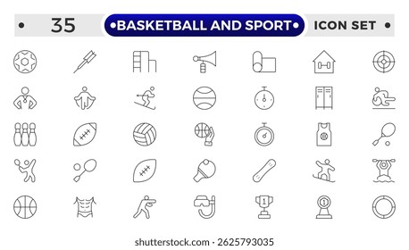 Basketball and Sport web icons outline style. Football, golf, gym, basketball, volleyball, bowling, chess, skiing, boxing, tennis, collection. 

