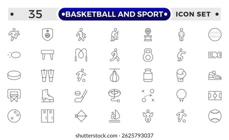 Basketball and Sport web icons outline style. Football, golf, gym, basketball, volleyball, bowling, chess, skiing, boxing, tennis, collection. 
