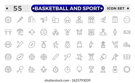 Basketball and Sport web icons outline style. Football, golf, gym, basketball, volleyball, bowling, chess, skiing, boxing, tennis, collection. 
