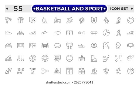 Basketball and Sport web icons outline style. Football, golf, gym, basketball, volleyball, bowling, chess, skiing, boxing, tennis, collection. 
