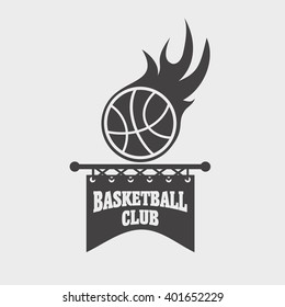Basketball sports logo, label, emblem design template with a ball and ribbon on a light background.