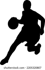 Basketball sports silhouette, female basketball player dribbling the ball, women's basketball, woman athlete, isolated vector.