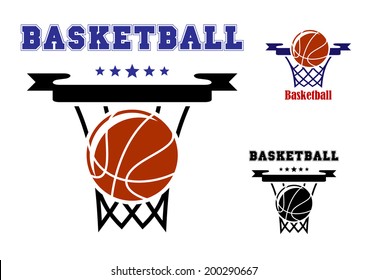 Basketball Sports Symbols Logo With Basket, Ball And Text With Stars For Sporting Design