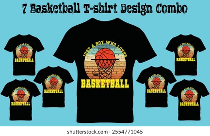 Basketball sports t-shirt design combo. Just a boy who loves basketball typography Tee graphics vector illustration saved in EPS 10 and fully editable. Design for print on demand.