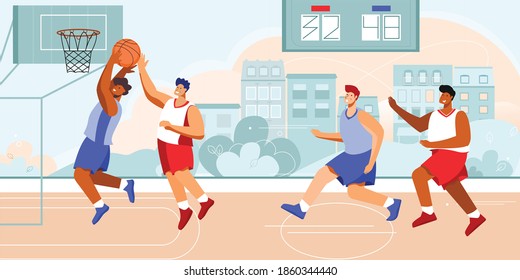 Basketball stadium player composition with outdoor scenery with cityscape and doodle characters of athletes playing hoops vector illustration