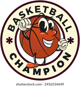 basketball stamp cartoon vector logo emblem isolated clip art illustration mascot in circular basketball campion text, vector work of hand drawn