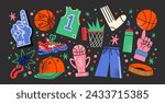 Basketball stickers in cartoon style. Sports objects, sneakers, ball, basket, sports equipment. Vector retro set