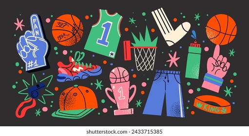 Basketball stickers in cartoon style. Sports objects, sneakers, ball, basket, sports equipment. Vector retro set