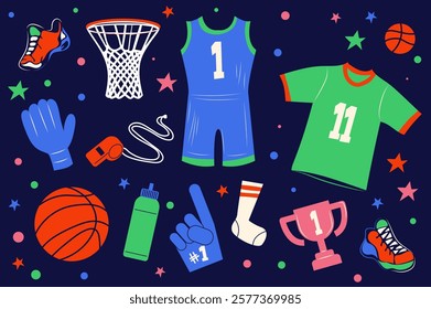 Basketball stickers set in flat graphic design. Collection elements of basket, team sportswear uniform, t-shirt, whistle, foam hand, sock, trophy award cup, ball, bottle water. Vector illustration.