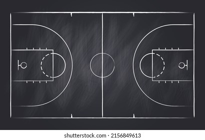 Basketball strategy field, game tactic chalkboard template. Hand drawn basketball game scheme, learning blackboard, sport plan vector illustration.